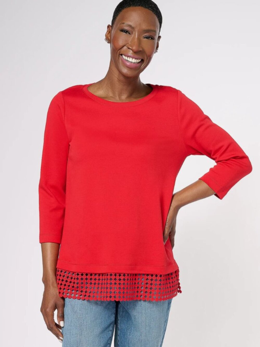 Isaac Mizrahi Live! 3/4 Sleeve Top with Geo Lace Hem Rich Red XS S M